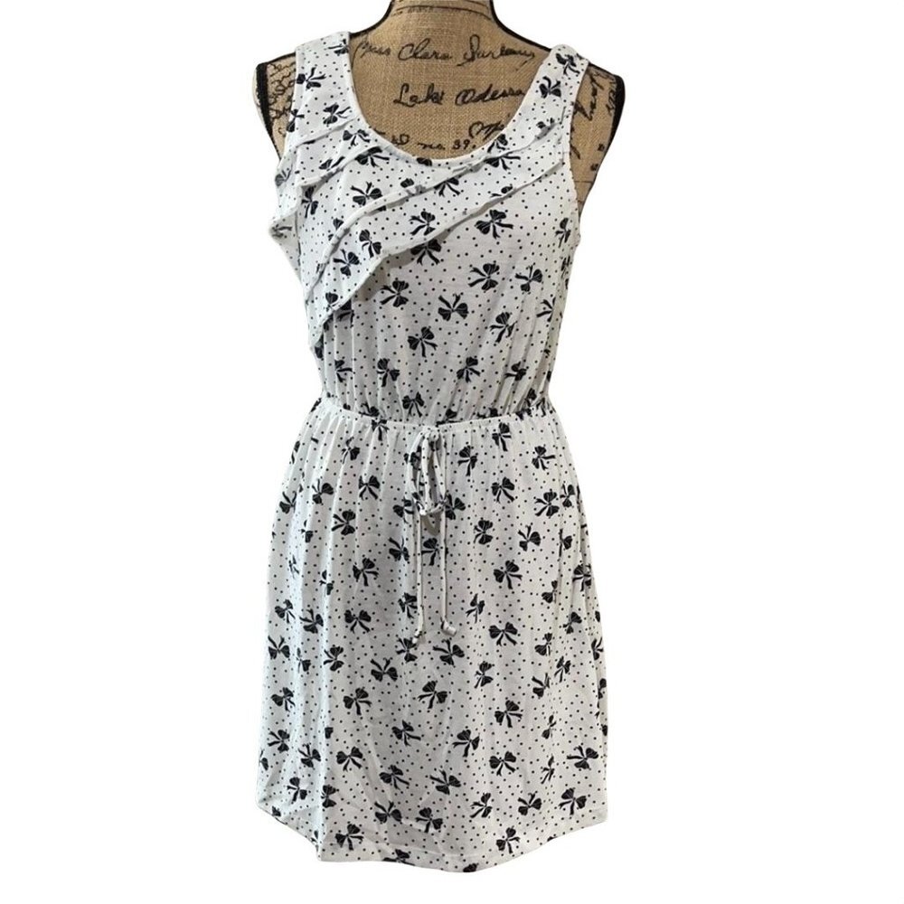 Self Esteem White Sleeveless MIni Dress with Black Bows & Polka Dots Juniors L